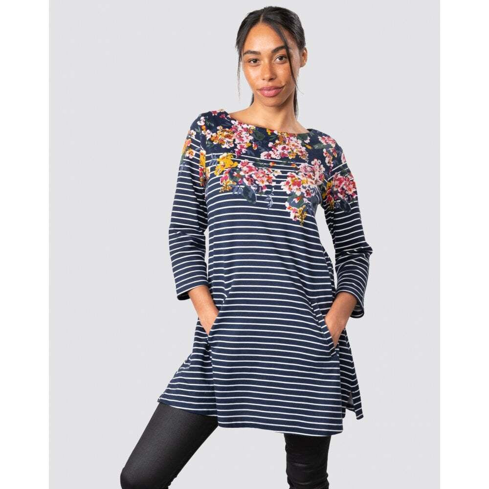 Anise Print Boat Neck Swing Tunic - Navy Stripe Floral